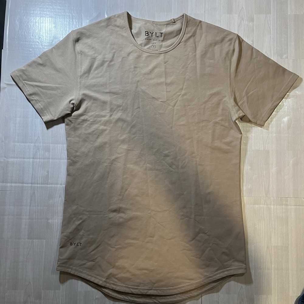 BYLT Drop Cut S/S Lux Men's T Shirt Size S Beige Curved Hem Premium Stretch Tee